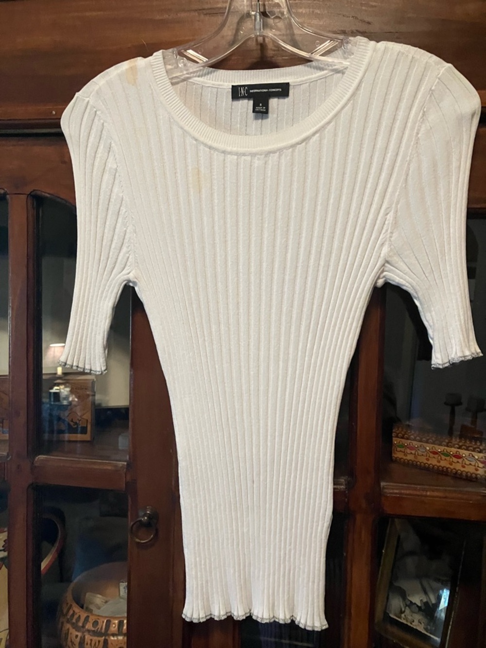 INC International Concepts Cream Ribbed Short-Sleeve Scoop Neck Sweater